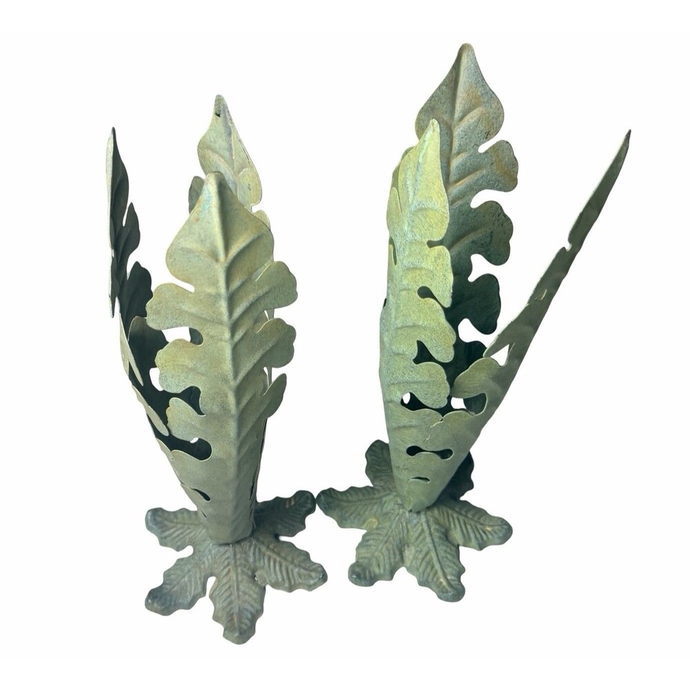 Vintage Cast Iron Leaf Candle Holder Set of 2 Green